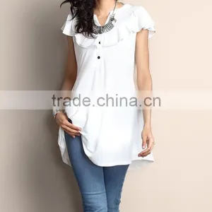 Hot Selling Women Blouse With White Ruffle Notch Neck Cap-Sleeve Tunic Women Tops Women Wear GD90426-8 thumbnail-1