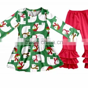 Fall Winter Snow Man Children's Long Sleeve Boutique Girl Clothing Set Baby Romper Outfits With Ruffle Pants Fast Delivery thumbnail-1