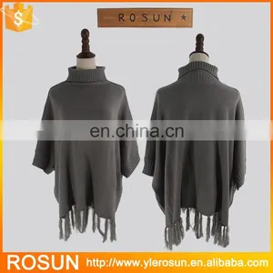 Ladies Trendy Crochet Fringe Poncho In Grey thumbnail-1