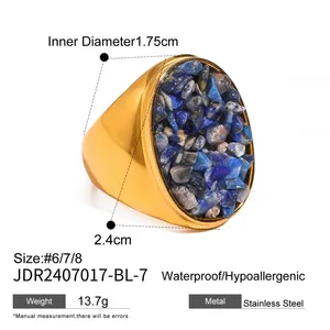 Gold Plated Stainless Steel Natural Stone Ring for Women Blue Irregular Gemstone Statement Ring Waterproof Hypoallergenic Jewelry thumbnail-4