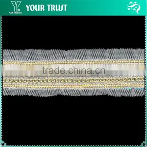 Clear Rhinestone Cup Gold Gold Chain Gold Metallic Thread White MeshTrimming thumbnail-1