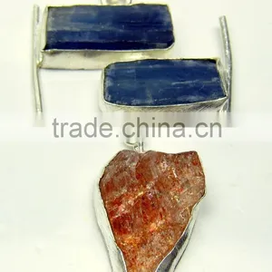 Kyanite & Sunstone Multi Stone Rough Gemstone Pendant, 925 Solid Sterling Silver Pendant, Designer Raw Vermeil Pendant thumbnail-1