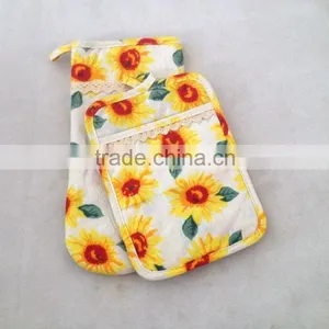 Sunflower Printed Cotton Linen 2 Pcs Kitchen Set Oven Mitten and Pot Holder thumbnail-2