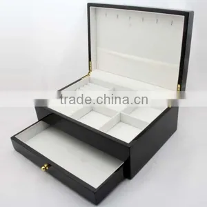 Customized Handmade Black Wooden Jewelry Box With Compartment and Hooks thumbnail-1
