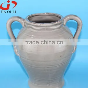 Antique Design Large Grey/Green Ceramic Garden Flower Vase With Handle thumbnail-6