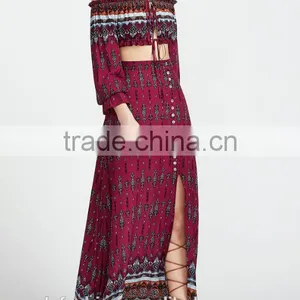 Picture of Long Skirts and Tops Vintage Print Drawstring Top With Split Skirt thumbnail-4