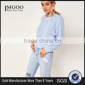 MGOO Women Plain Blue Cable Knit Slouchy Jumper With Drop Shouder Crop Knitwear Sweater thumbnail-1