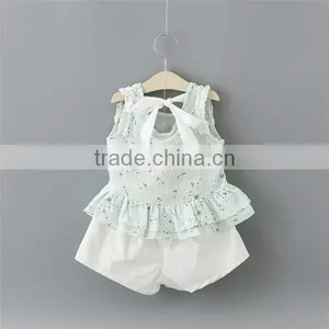 2016 Summer Girl Kids Clothes Stylish Designs White Spaghetti Strap T-shirt Cotton Baby Girls Dress Set thumbnail-3