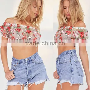 Sexy Mesh Embroidered Floral Tops off Shoulder Ladies Blouse thumbnail-2