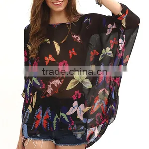 2017 Ladies Boho Batwing Sleeve Chiffon Butterfly Neck Design Blouse thumbnail-6