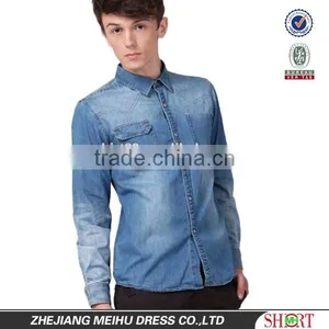 European Fashion Style Light Blue 100%Natural Cotton Soft Denim/Retro Cowboy Shirt for Men With S,M,L,XL,XXL Peaked Collar thumbnail-1