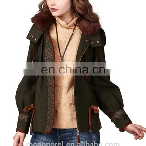 2015 Fashion Winter Warmth Short Coat Embroidered Draw String Hooded Rabbit Fur Collar Woman Coat thumbnail-4