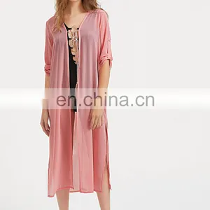 Tassel Tie Front Roll Sleeve Slit Beach Kimono thumbnail-1