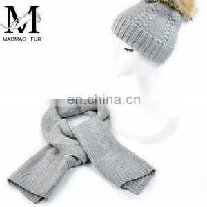 Factory Direct Wool Knitted Scarf Women Fur Pompom Winter Hat And Scarf Set thumbnail-1
