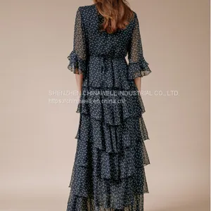 Ladies' 100%silk Chiffon Short Sleeve Ruffler Edge Print Dress thumbnail-5
