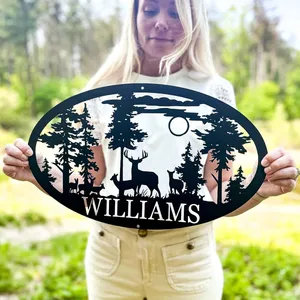 Personalized Oval Deer Metal Cabin Sign Outdoor Custom Family Name Sign Cabin Decor thumbnail-1