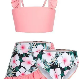 Girls 3-Piece Hawaiian Bikini Set With Cover Ups Skirt Swimsuit Kids for 5-12 Years Plus Size Print Bathing Swimwear Kids thumbnail-1