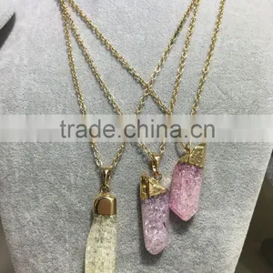 2016 Gold Covering Crack Crystal Pendant Necklace Aquamarine Citrine Rose Quartz Clear Green Natural Crystal Necklace For Women thumbnail-1