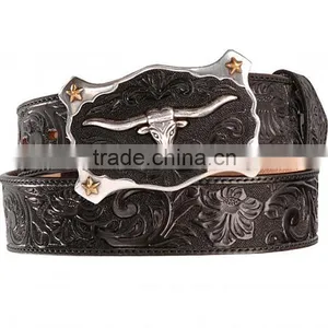 Western Cowboy Style Floral Emboss Black Genuine Leather Longhorn Buckle Belt thumbnail-1