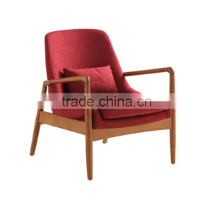 Dixon Mid-century Modern Brown Ash Finished Red Fabric Upholstered Lounge Chair thumbnail-1
