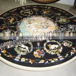 Italian Inlay Marble Dinning Table Top, Round Black Pietra Dura Table Top thumbnail-2