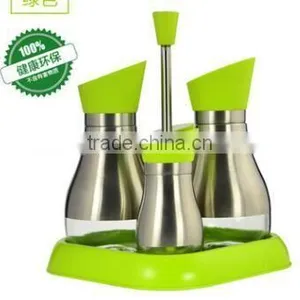 Glass Oil Vinegar Spice Cruet Set With Metal Coating and Stand thumbnail-1