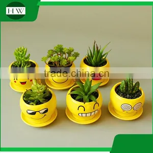 Wholesale Cheap Mini Yellow Round Cup Shape Handwork Decoration Smiling Face Cement Garden Flower Pot thumbnail-4
