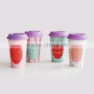 Double Wall Coffee to go Mug With "Keep Calm" Design, Porcelain With Silicone LId thumbnail-1