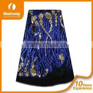 Bestwaytex FL0049 In Royal Blue Color French Cord Lace Silk Chiffon Fabric With Shiny Sequins thumbnail-1