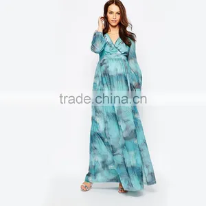 Maternity Printed Maxi Long Sleeve Maternity Dress for Muslim With Wrap Front thumbnail-4