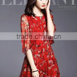 High Quality Real Silk Half Sleeve Round Neck Printed Summer Long Dress Latest Dress Designs thumbnail-3