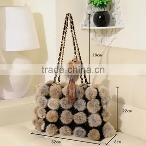 Korean Style Woman Rabbit Fur Ball Hand Bag Contrast Color Female Chian Bag thumbnail-6