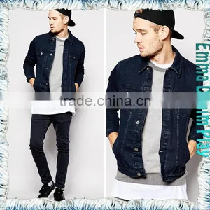 Mens Fashion Autumn Long Sleeve Dark Blue Jean Four Pockets Coat thumbnail-3
