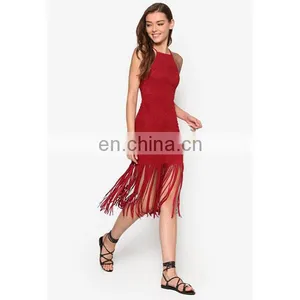 Love Suede Fringe Hem Dress Square Neckline Sleeveless Fashion Apparel Women Dresses Sexy thumbnail-3