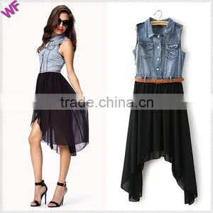 2015 High Fashion Denim Match Chiffion Ladies Denim Chiffon Dress thumbnail-1