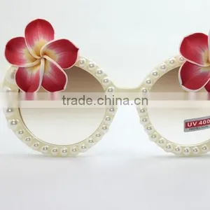 NEW Handmade Summer Fashion Clay Flower Pearl Decorated Beach Vocation Round Frame Sunglasses thumbnail-1