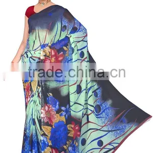Beige & Black Colored Georgette Satin Printed Saree. thumbnail-2