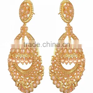 BIG Crystal Gold Tone Chand Bali JHUMKA DANGLER EARRINGS thumbnail-2
