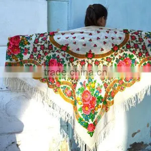 Vintage Wool Shawl, Russian Floral Scarf ,russian Shawl, Floral Scarf, Spring Shawl, Wedding Shawl, Natural White Shawl thumbnail-6