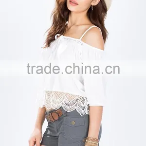 Fashion Cold Shoulder Self Tie Crochet Blouse Top Selling Blouse Products 2015 thumbnail-3