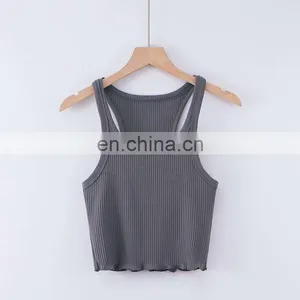 Wholesale Ladies Blank Rib Merrow Edge Sexy Women's Summer U Neck Basic Cotton Crop Top thumbnail-3