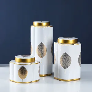 European Simple Style Yellow Leaf Painting Ceramic Flower Vases With Lid For Home Decoration thumbnail-4