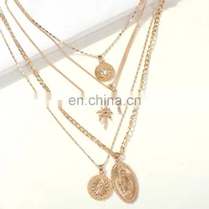 Fashion Metal Chain Pendant Necklace for Women Vintage Heart Cross Coin Lock Collar Multilayer Gold Necklace Choker Jewelry/ thumbnail-2