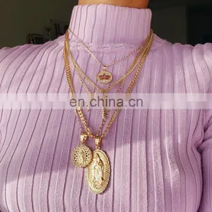 Fashion Metal Chain Pendant Necklace for Women Vintage Heart Cross Coin Lock Collar Multilayer Gold Necklace Choker Jewelry/ thumbnail-3