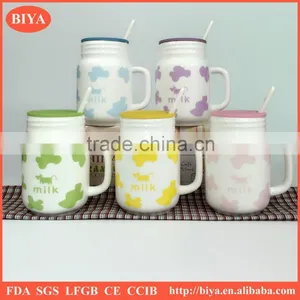 Milk Mug for Kid Breakfast Mug With Silicone Lid and Ceramic Spoon for Wholesale With Logo Decal Print and Handle thumbnail-1