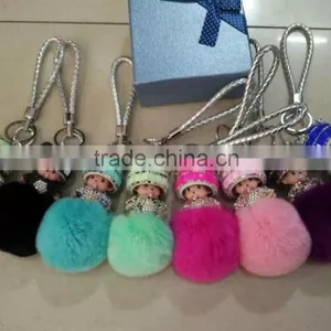 Hot Selling Rabbit Fur Accessories Monchhichi Leather Keychain Fur Pompoms thumbnail-6