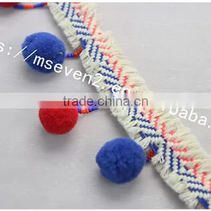 Newest Arrival Colorful 6.5cm Width Handmade Cotton Pom Pom Lace Trims thumbnail-2