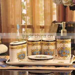 Classic European Baroque Style Ceramic Bath Accessories Set 6 Pcs in Fancy Golden and Blue, Liquid Soap Dispenser BF12-03254h thumbnail-4