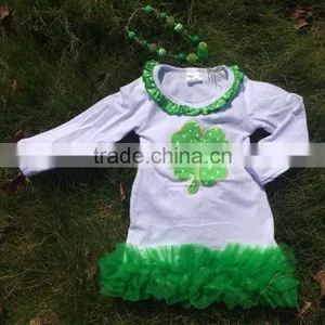 Baby Girls Shamrock Dress st Patrick Girls Cotton Dress With Matching Chunky Necklace and Bow Set thumbnail-1