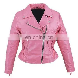 HMB-0328E WOMEN LEATHER JACKETS BASIC BIKER FASHION PINK COATS thumbnail-1